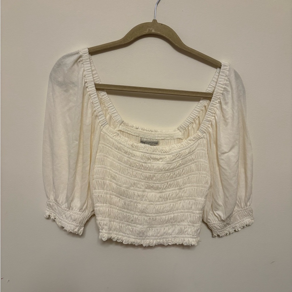 NWOT Urban Outfitters Smocked Milkmaid Puff Sleeve Crop Top Cream/White (Size M)